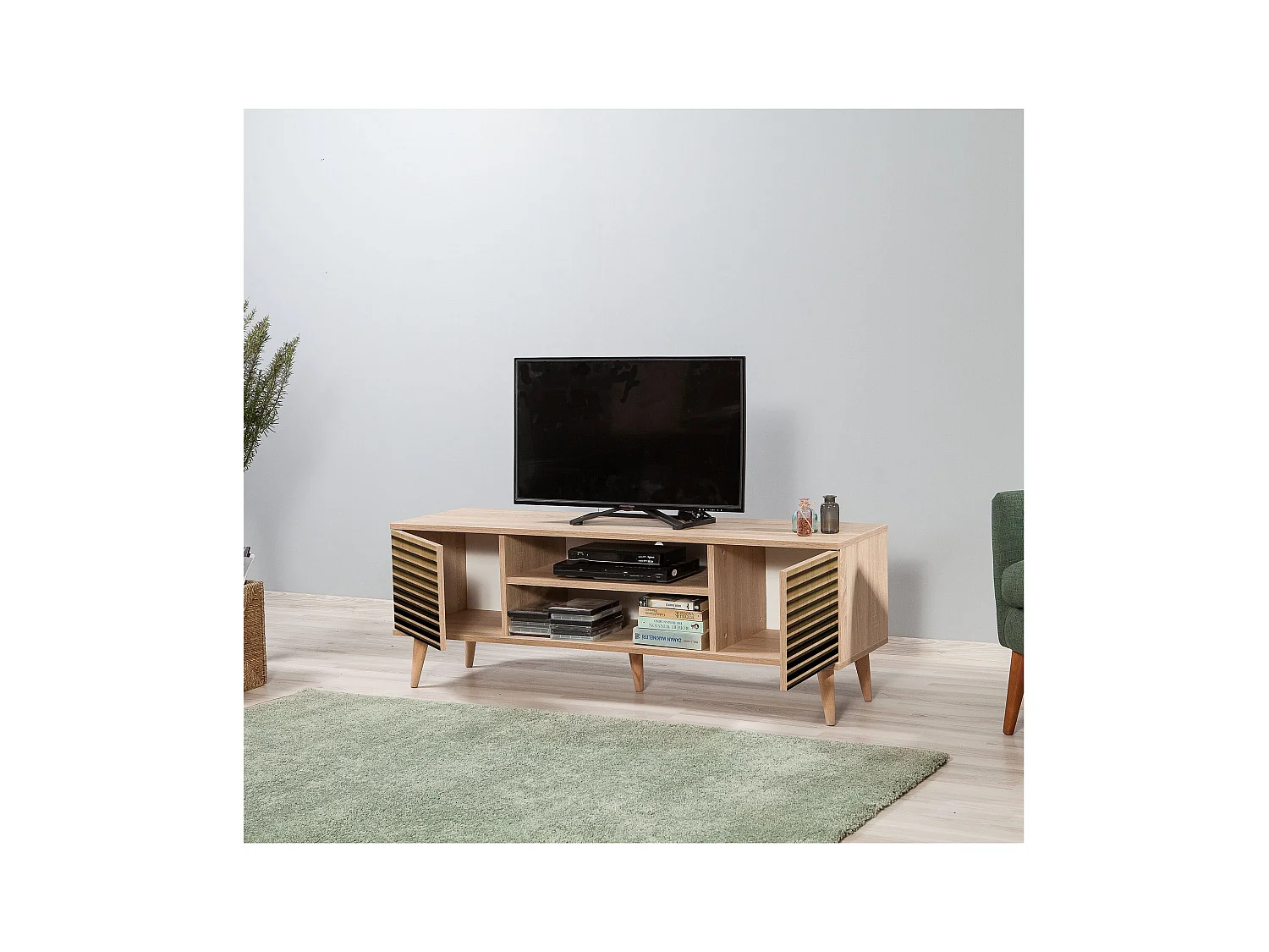 Mueble de TV de roble Sonoma – 140 cm – Revestido 100% melamina – Patas de madera de carpe