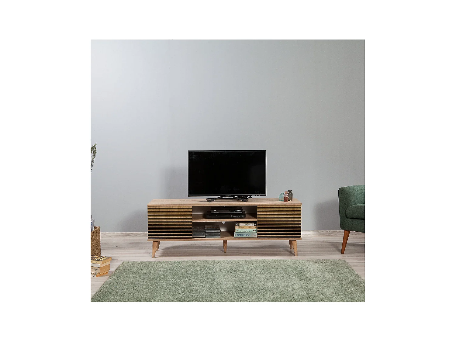 Mueble de TV de roble Sonoma – 140 cm – Revestido 100% melamina – Patas de madera de carpe