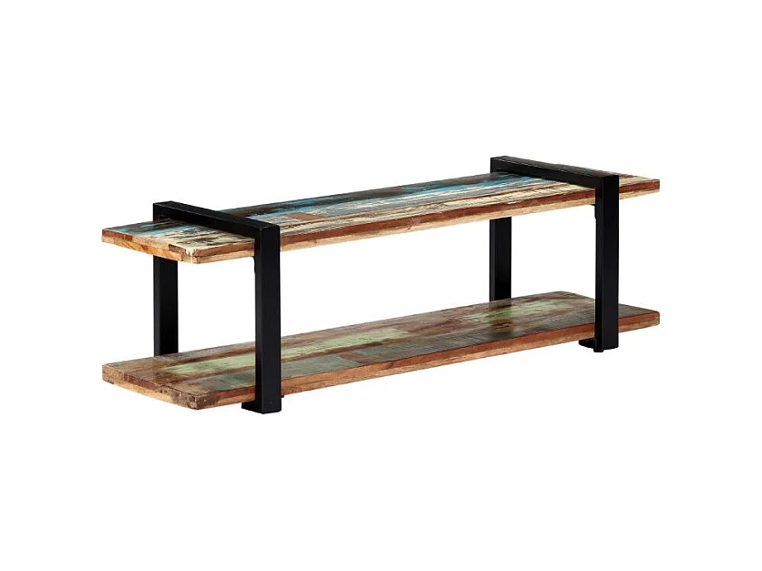 Meuble TV 2 plateaux bois massif recyclé et métal noir Maxi