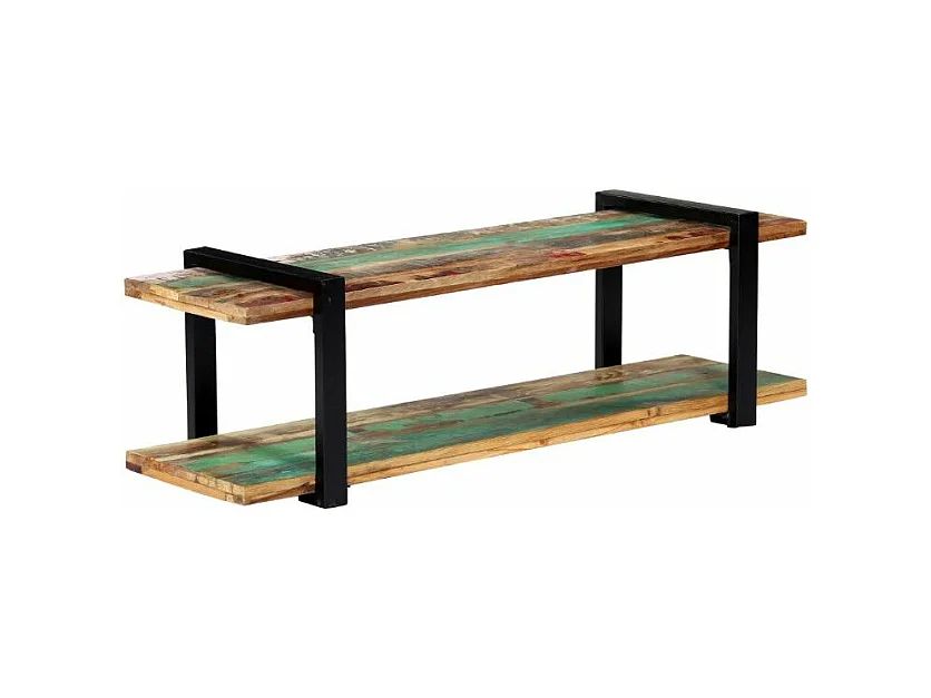 Meuble TV 2 plateaux bois massif recyclé et métal noir Maxi