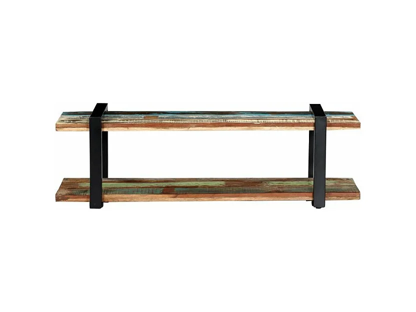 Meuble TV 2 plateaux bois massif recyclé et métal noir Maxi