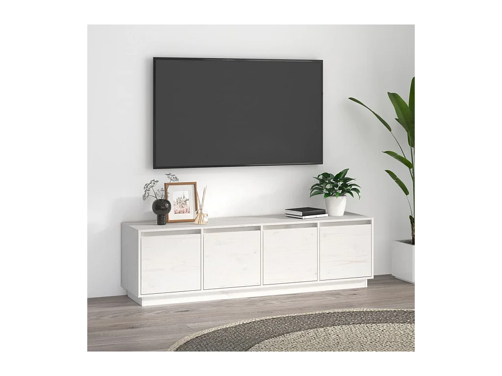 Meuble TV Blanc 156x37x45 Bois de pin massif
