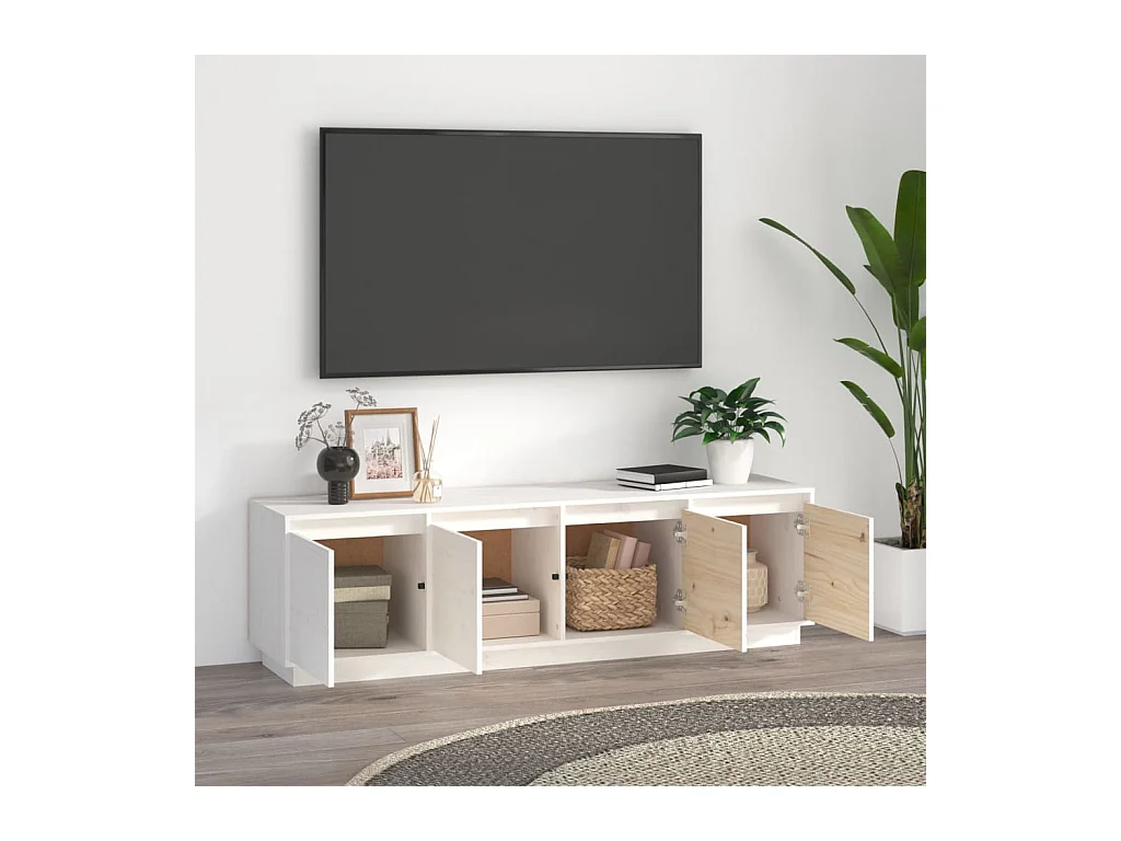 Meuble TV Blanc 156x37x45 Bois de pin massif