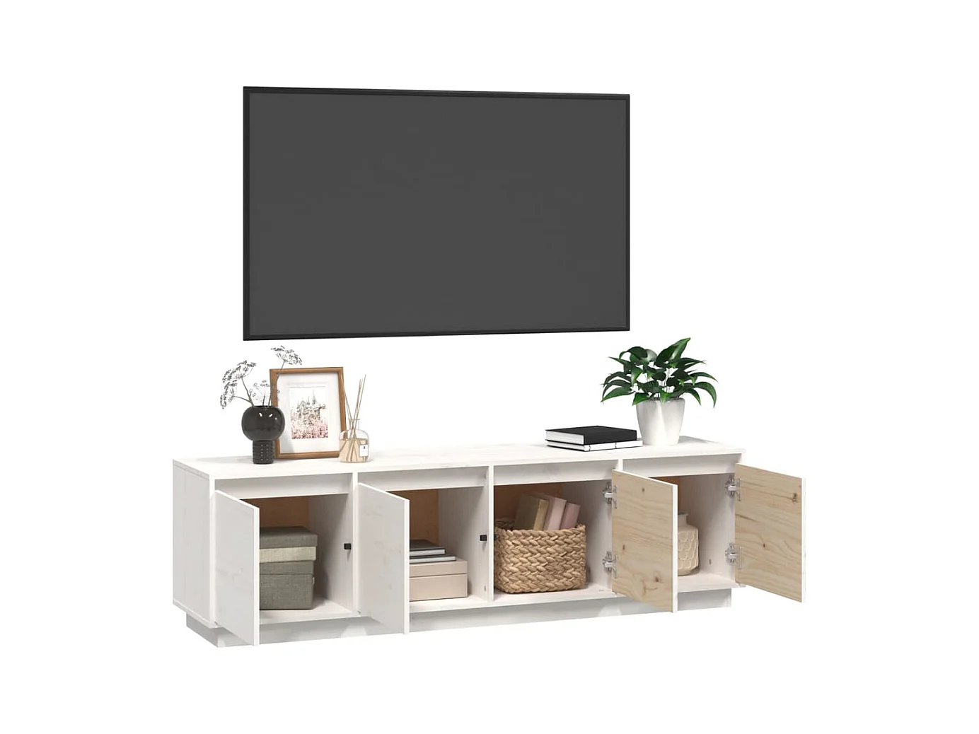 Meuble TV Blanc 156x37x45 Bois de pin massif