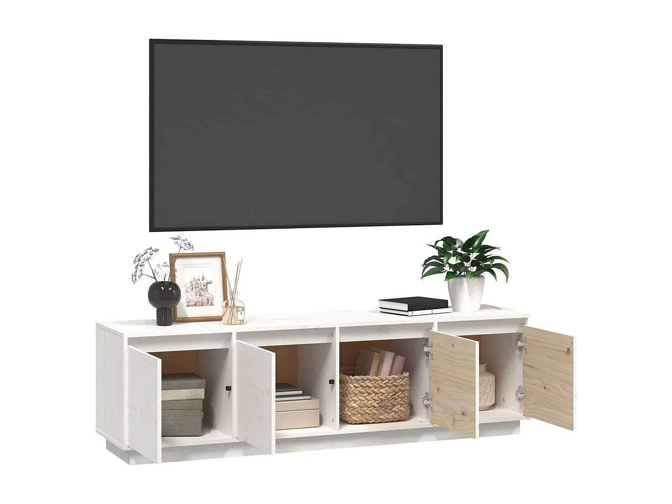 Meuble TV Blanc 156x37x45 Bois de pin massif