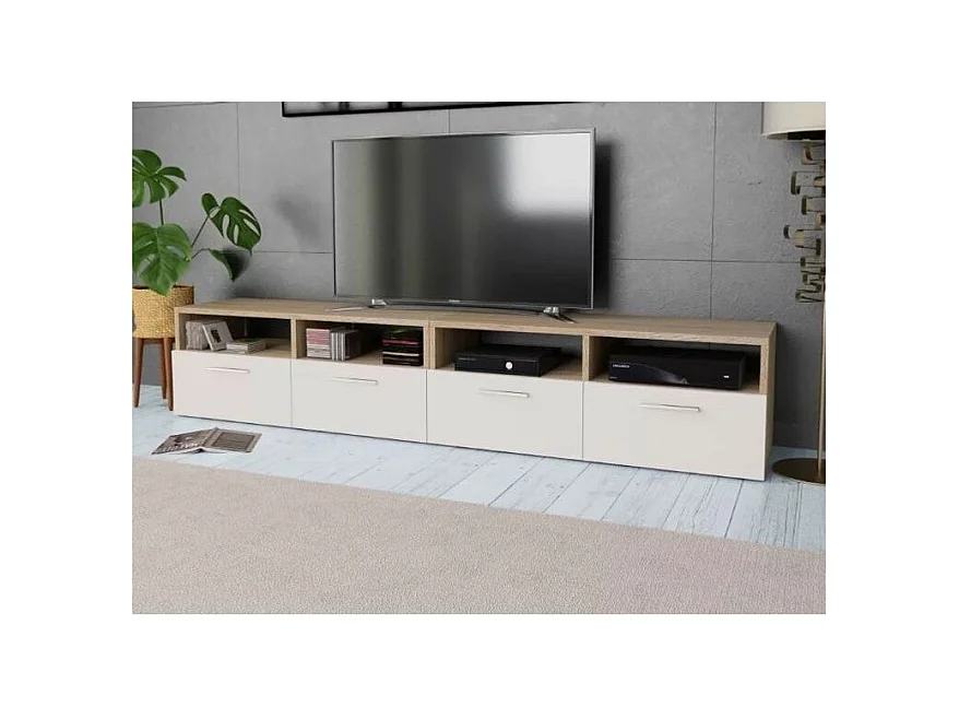 Meuble TV 4 portes 4 niches bois chêne clair et blanc Chickie L190xH36xP35