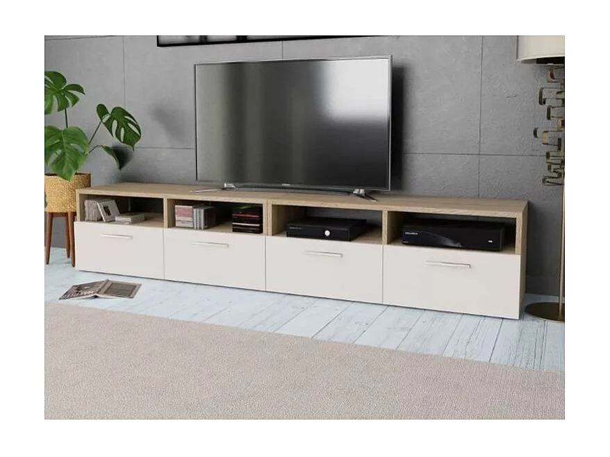 Meuble TV 4 portes 4 niches bois chêne clair et blanc Chickie L190xH36xP35