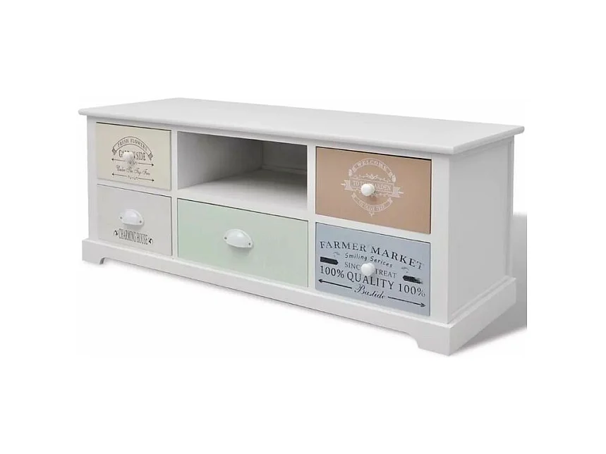 Meuble TV 1 niche 5 tiroirs bois paulownia massif blanc Frenchy