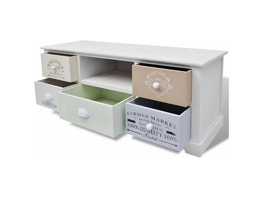 Meuble TV 1 niche 5 tiroirs bois paulownia massif blanc Frenchy