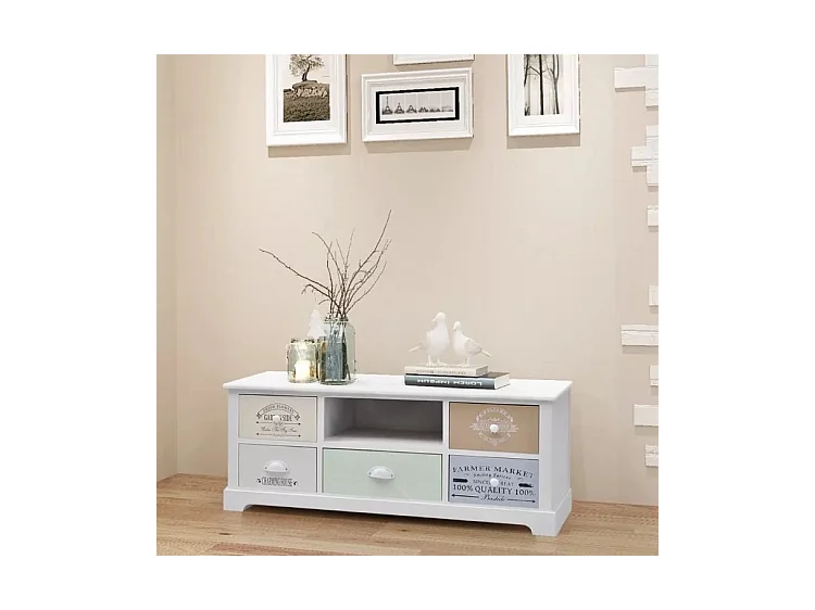 Meuble TV 1 niche 5 tiroirs bois paulownia massif blanc Frenchy