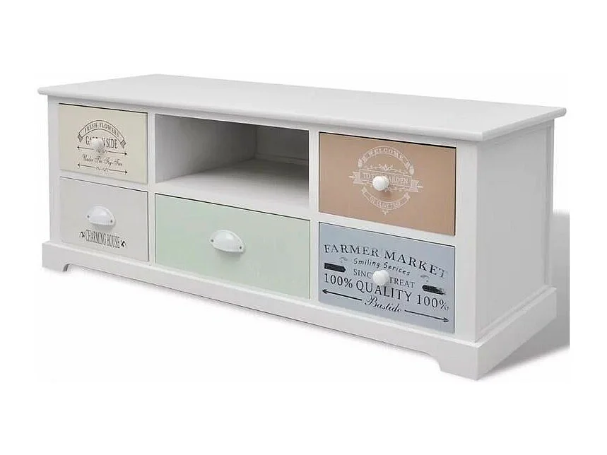 Meuble TV 1 niche 5 tiroirs bois paulownia massif blanc Frenchy