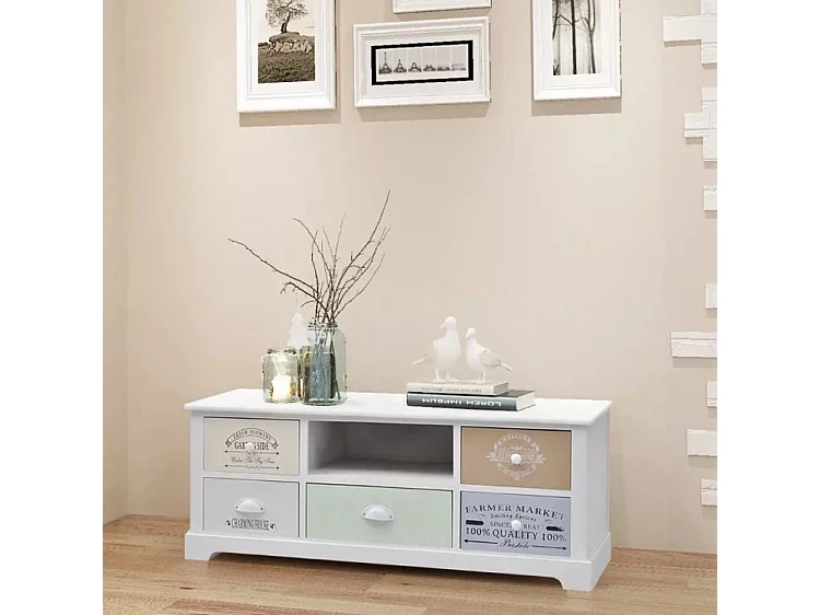 Meuble TV 1 niche 5 tiroirs bois paulownia massif blanc Frenchy