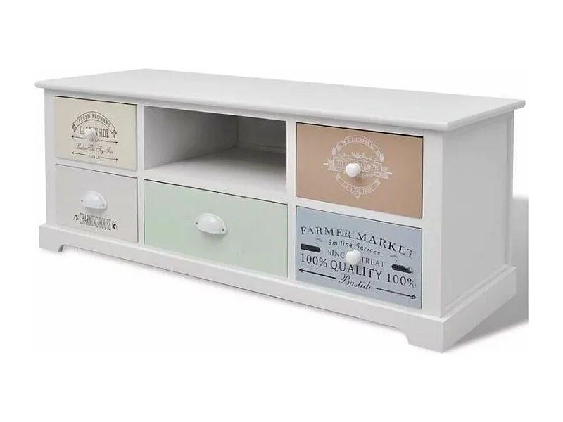 Meuble TV 1 niche 5 tiroirs bois paulownia massif blanc Frenchy