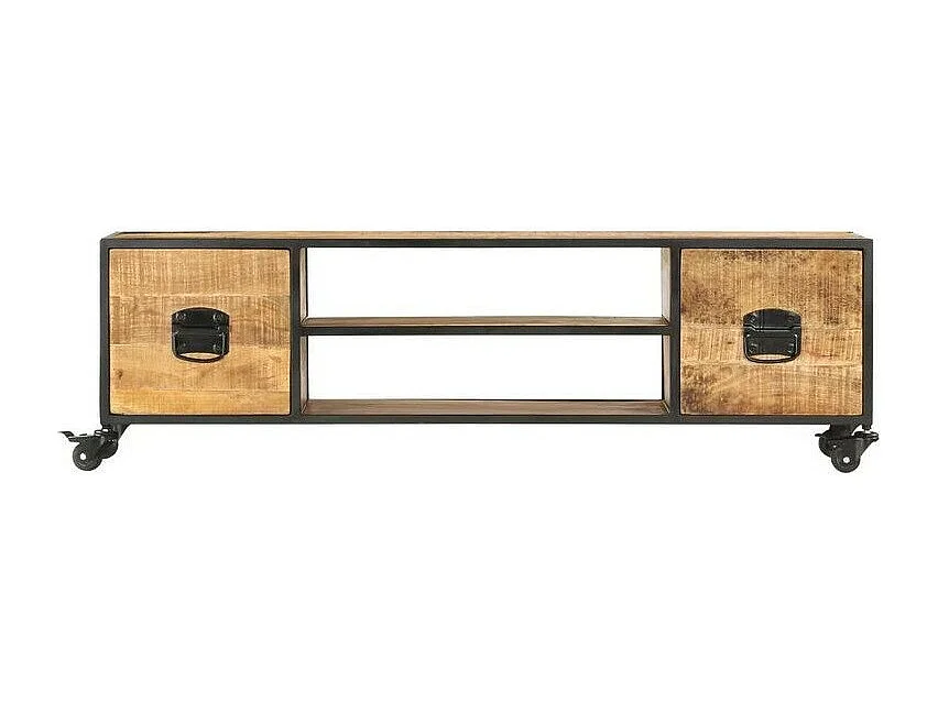 Meuble TV 2 tiroirs manguier massif clair et métal Zekia 130cm