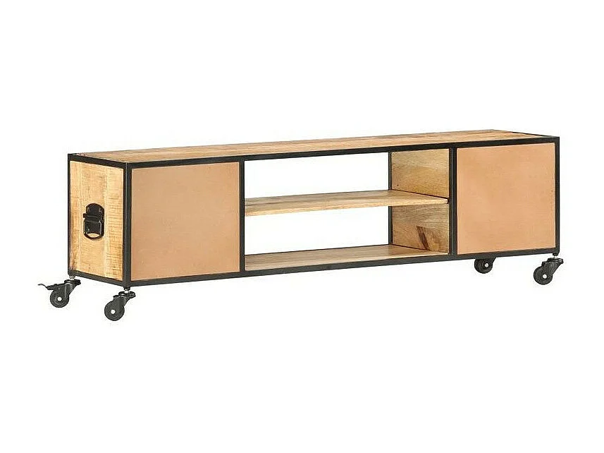 Meuble TV 2 tiroirs manguier massif clair et métal Zekia 130cm