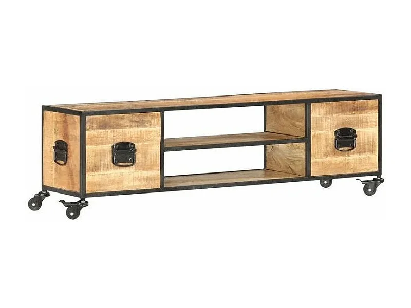 Meuble TV 2 tiroirs manguier massif clair et métal Zekia 130cm