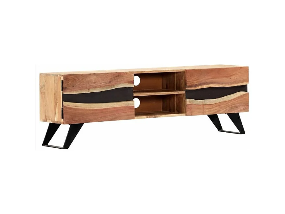 Meuble TV 2 portes 2 niches acacia massif clair et pieds métal noir Paula