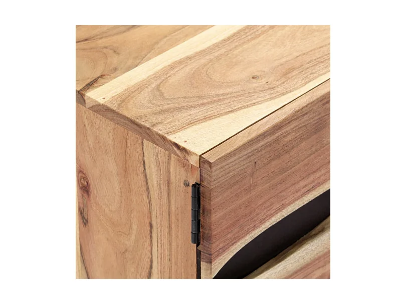 Meuble TV 2 portes 2 niches acacia massif clair et pieds métal noir Paula