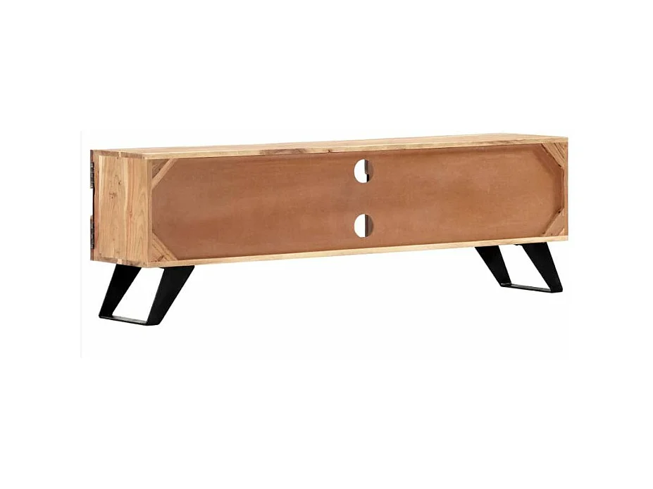 Meuble TV 2 portes 2 niches acacia massif clair et pieds métal noir Paula