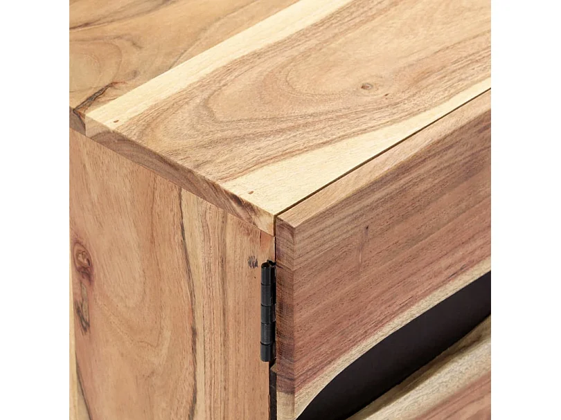 Meuble TV 2 portes 2 niches acacia massif clair et pieds métal noir Paula