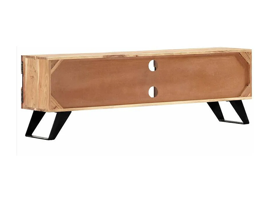 Meuble TV 2 portes 2 niches acacia massif clair et pieds métal noir Paula