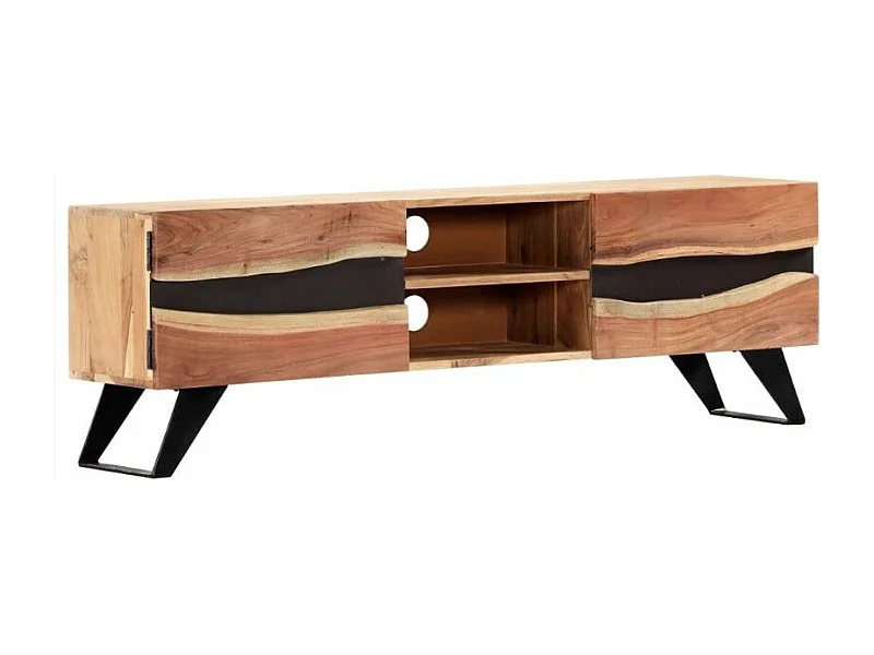 Meuble TV 2 portes 2 niches acacia massif clair et pieds métal noir Paula