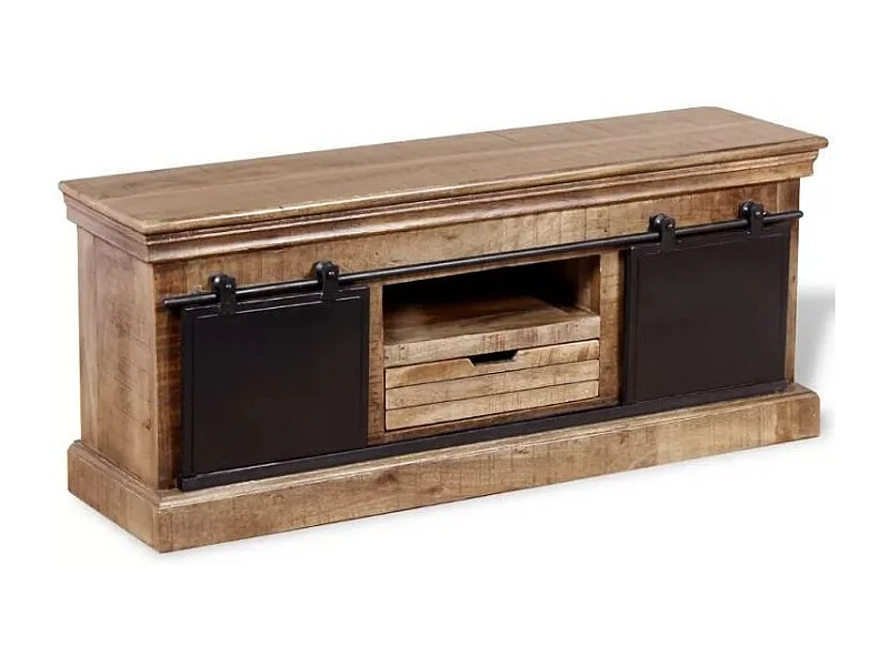 Meuble TV 2 portes 1 tiroir manguier massif clair et métal Induka