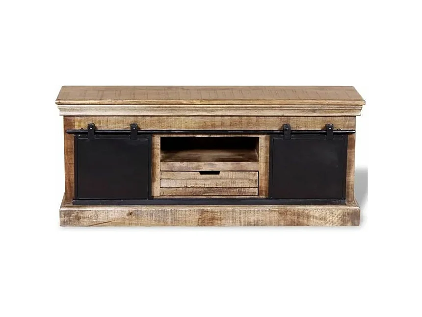 Meuble TV 2 portes 1 tiroir manguier massif clair et métal Induka