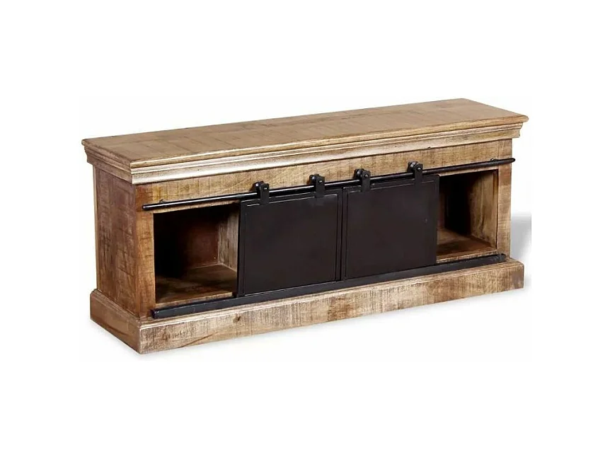 Meuble TV 2 portes 1 tiroir manguier massif clair et métal Induka