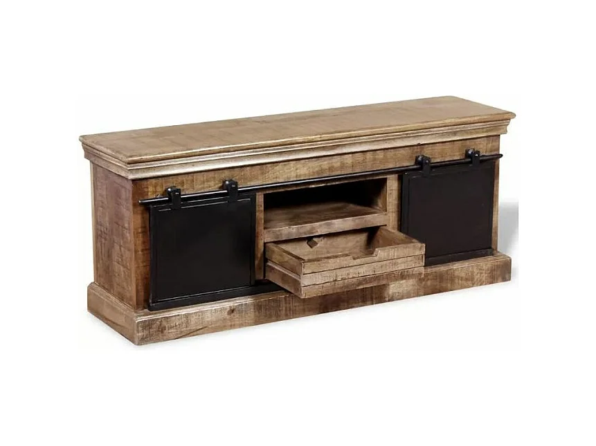 Meuble TV 2 portes 1 tiroir manguier massif clair et métal Induka