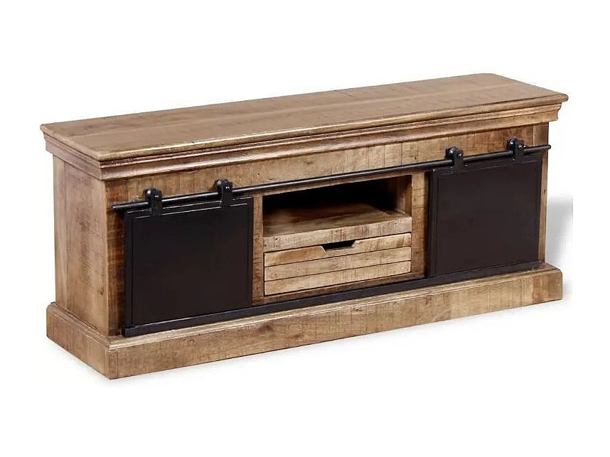 Meuble TV 2 portes 1 tiroir manguier massif clair et métal Induka