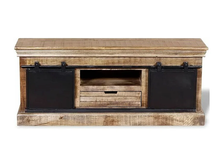 Meuble TV 2 portes 1 tiroir manguier massif clair et métal Induka