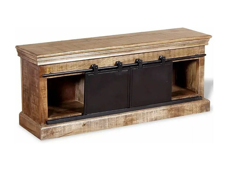 Meuble TV 2 portes 1 tiroir manguier massif clair et métal Induka