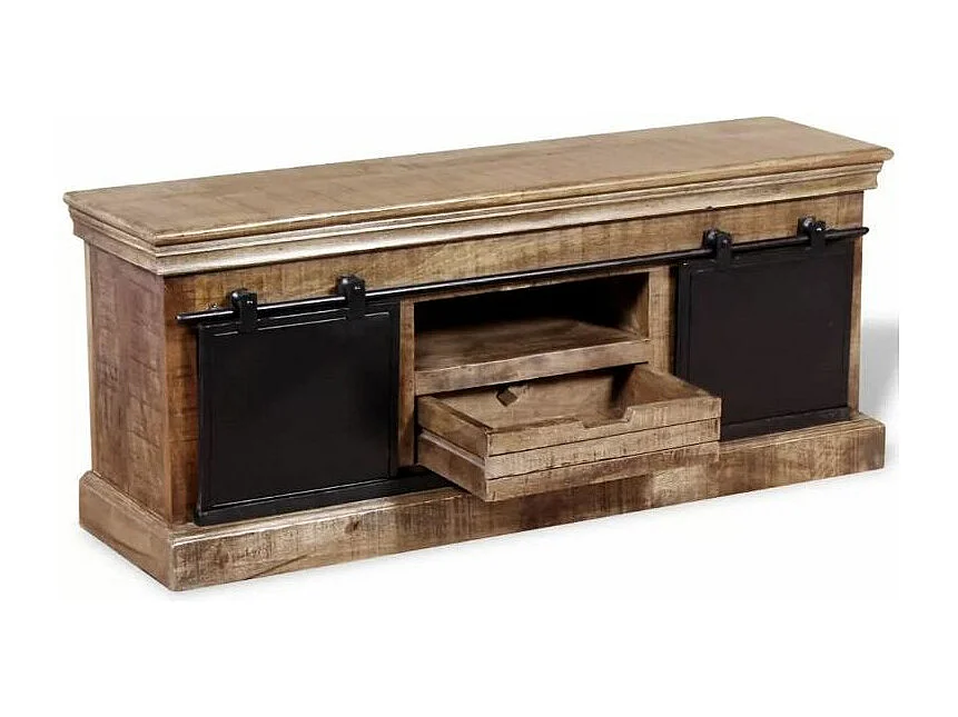 Meuble TV 2 portes 1 tiroir manguier massif clair et métal Induka