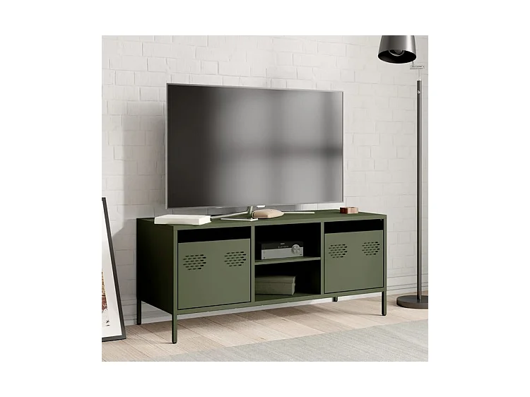 Meuble TV vert olive 101,5x39x43,5 acier laminé à froid