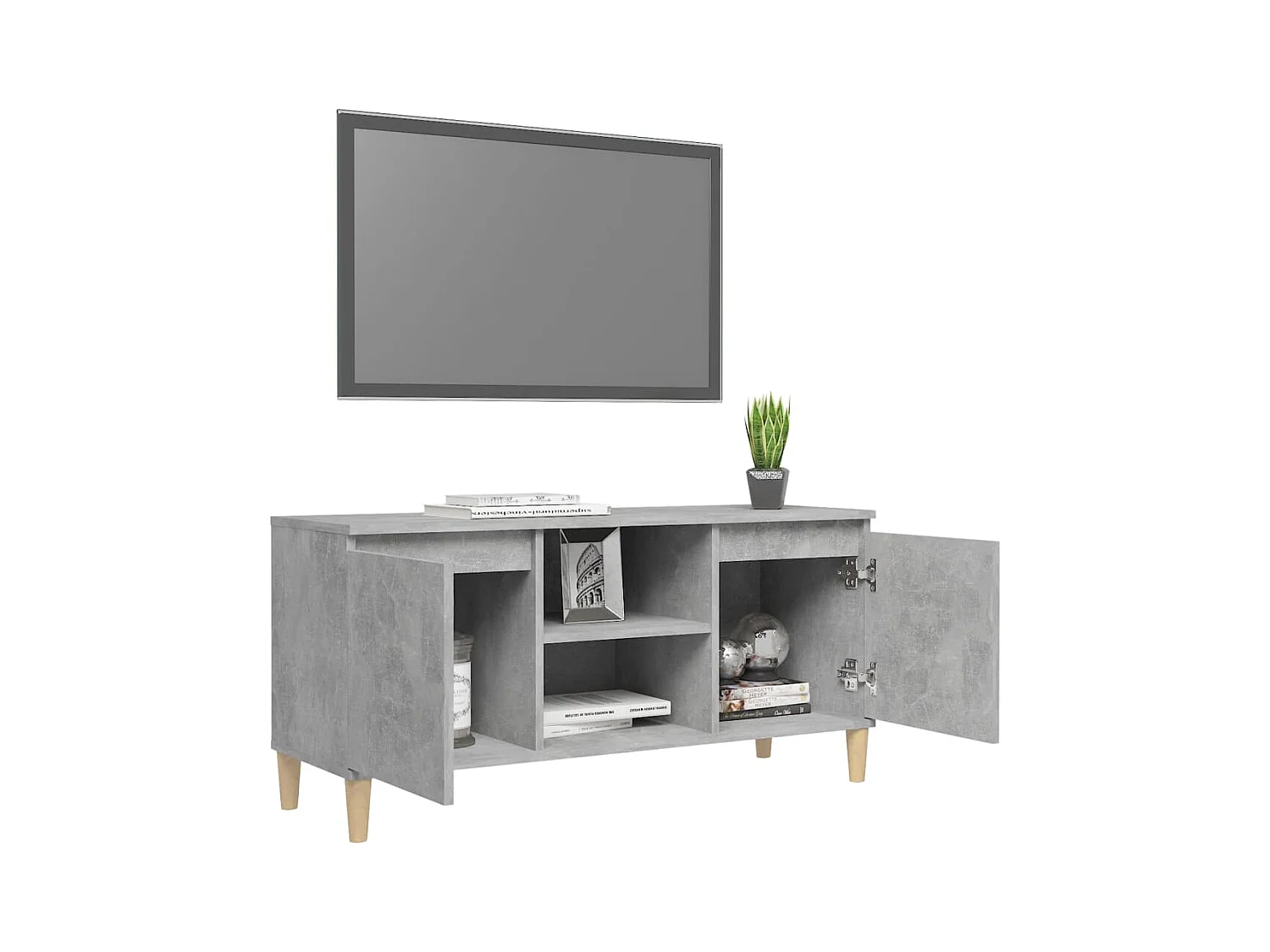 Meuble TV avec pieds en bois massif Gris béton 103,5x35x50