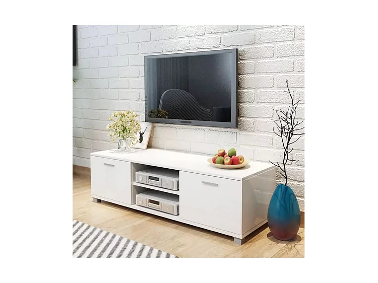 Meuble TV 2 portes 2 niches bois blanc brillant Glamourous