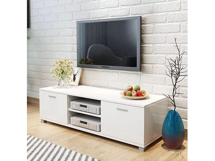 Meuble TV 2 portes 2 niches bois blanc brillant Glamourous