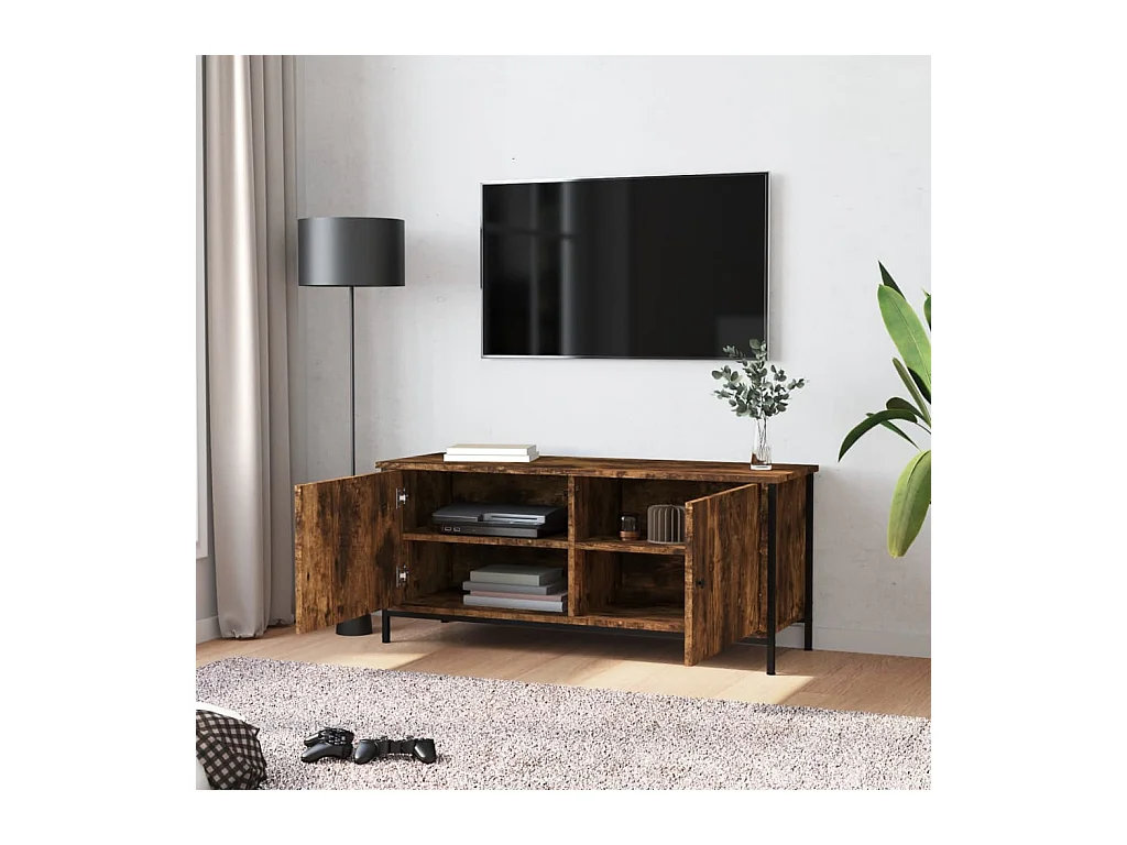 Meuble TV avec portes chêne fumé 102x35x45 bois d'ingénierie