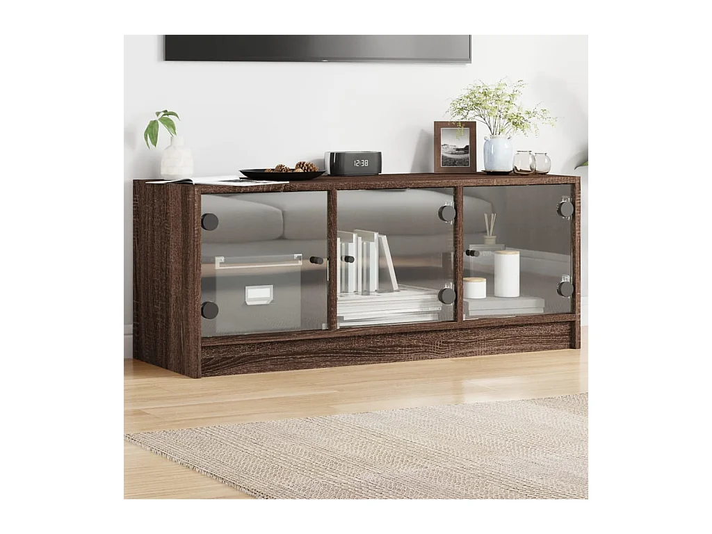 Meuble TV avec portes en verre chêne marron 102x37x42