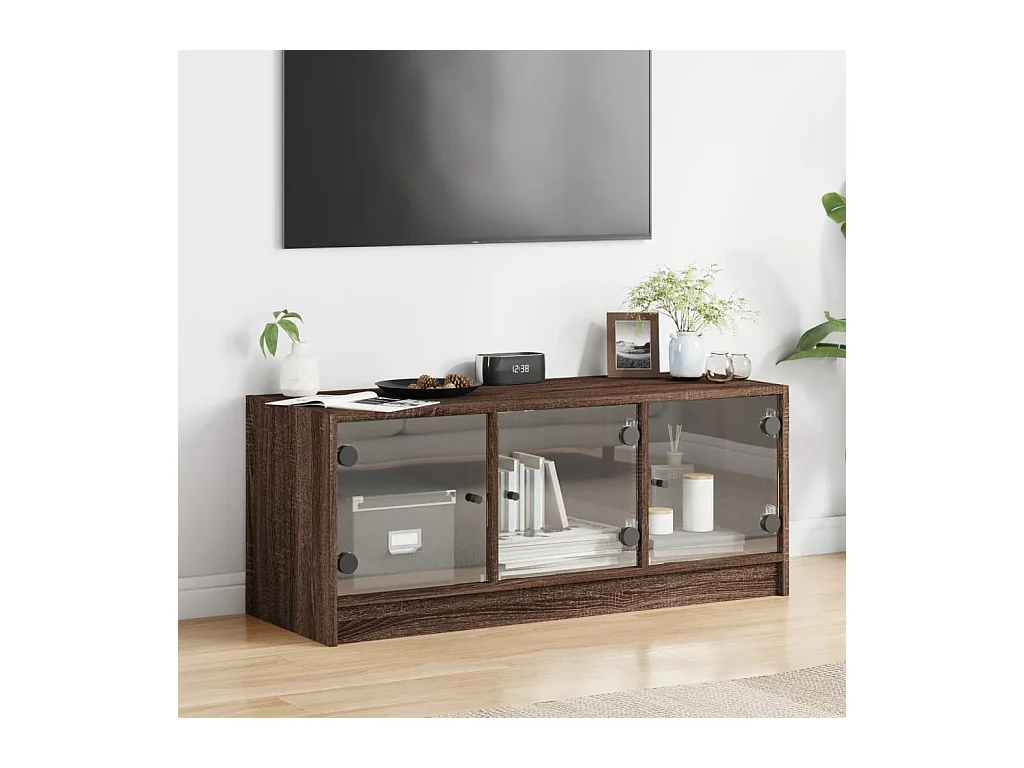 Meuble TV avec portes en verre chêne marron 102x37x42