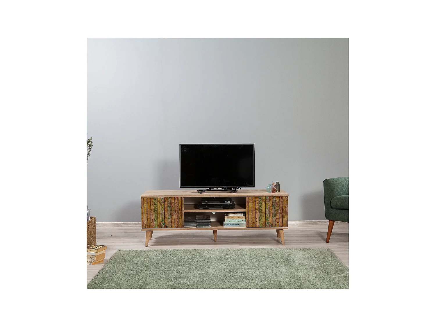 Meuble TV en bois clair à lamelles avec niche Kiza 725