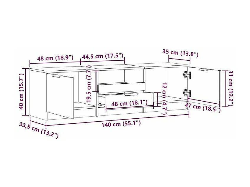Meuble TV chêne artisanal 140x35x40 bois d'ingénierie
