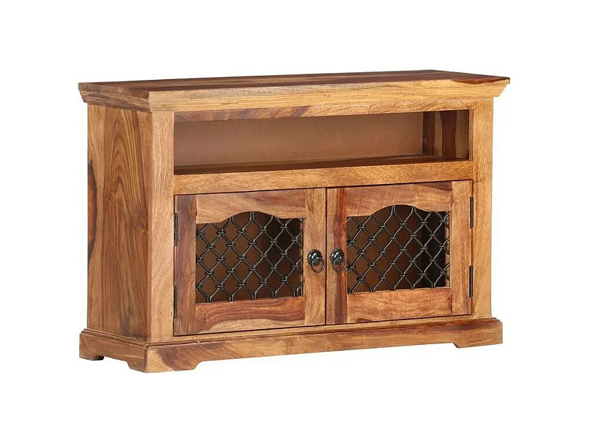 Meuble TV 2 portes 1 niche bois massif foncé Lovar 90cm