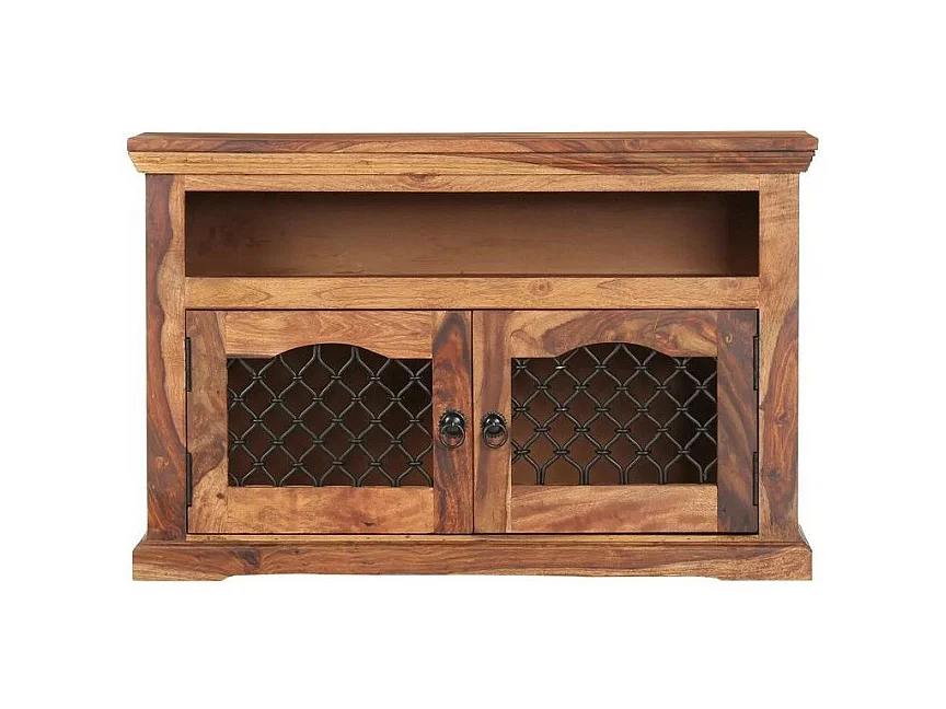 Meuble TV 2 portes 1 niche bois massif foncé Lovar 90cm