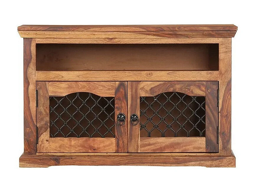 Meuble TV 2 portes 1 niche bois massif foncé Lovar 90cm