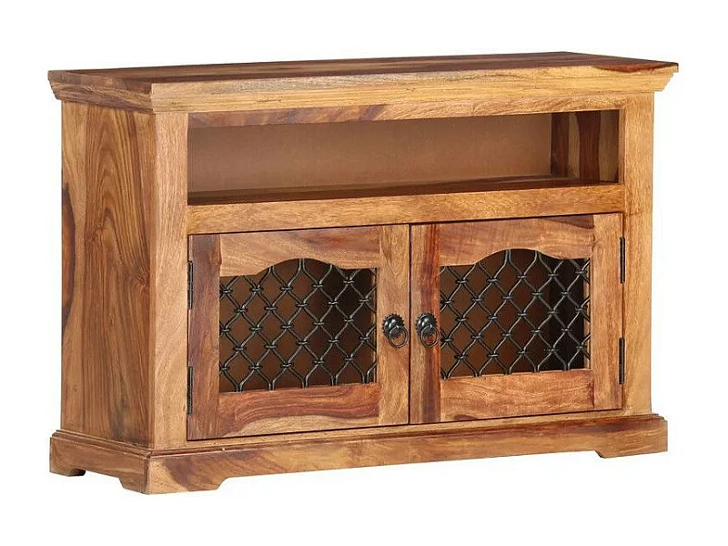 Meuble TV 2 portes 1 niche bois massif foncé Lovar 90cm