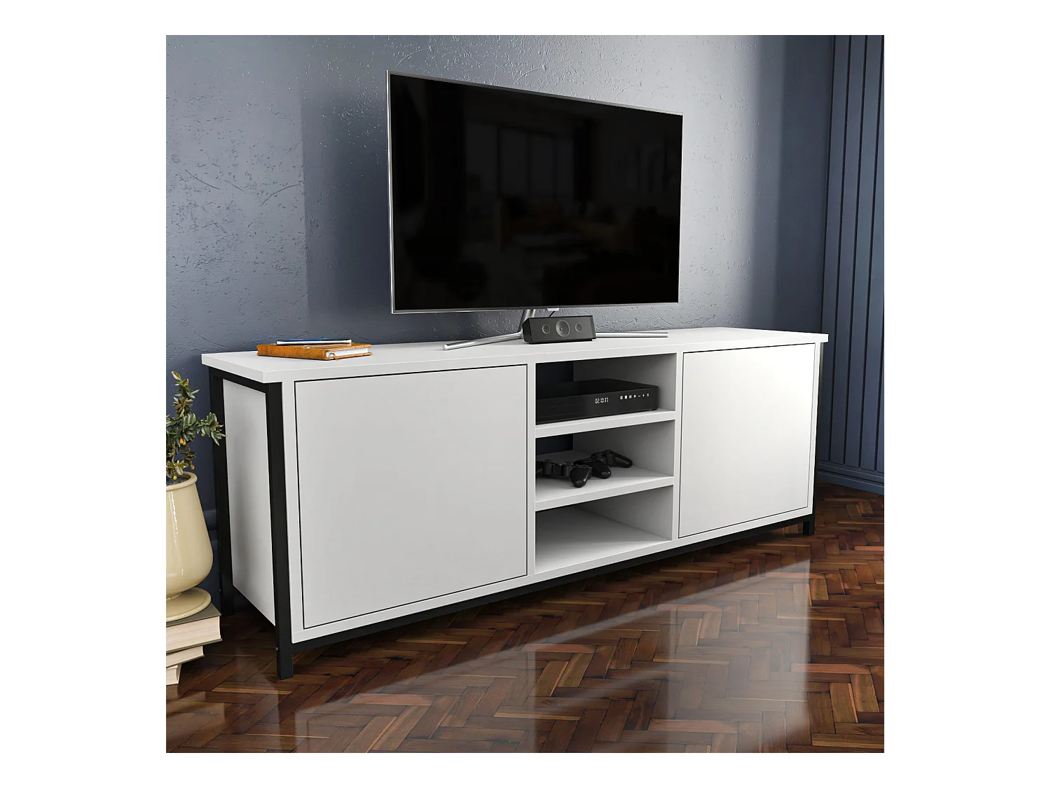 Stijlvolle zwart-witte tv-standaard, 140 x 35,3 x 50,8 cm | 100% melamine spaanplaat, 18 mm dik | Modern design voor woonkamers en entertainmentruimtes