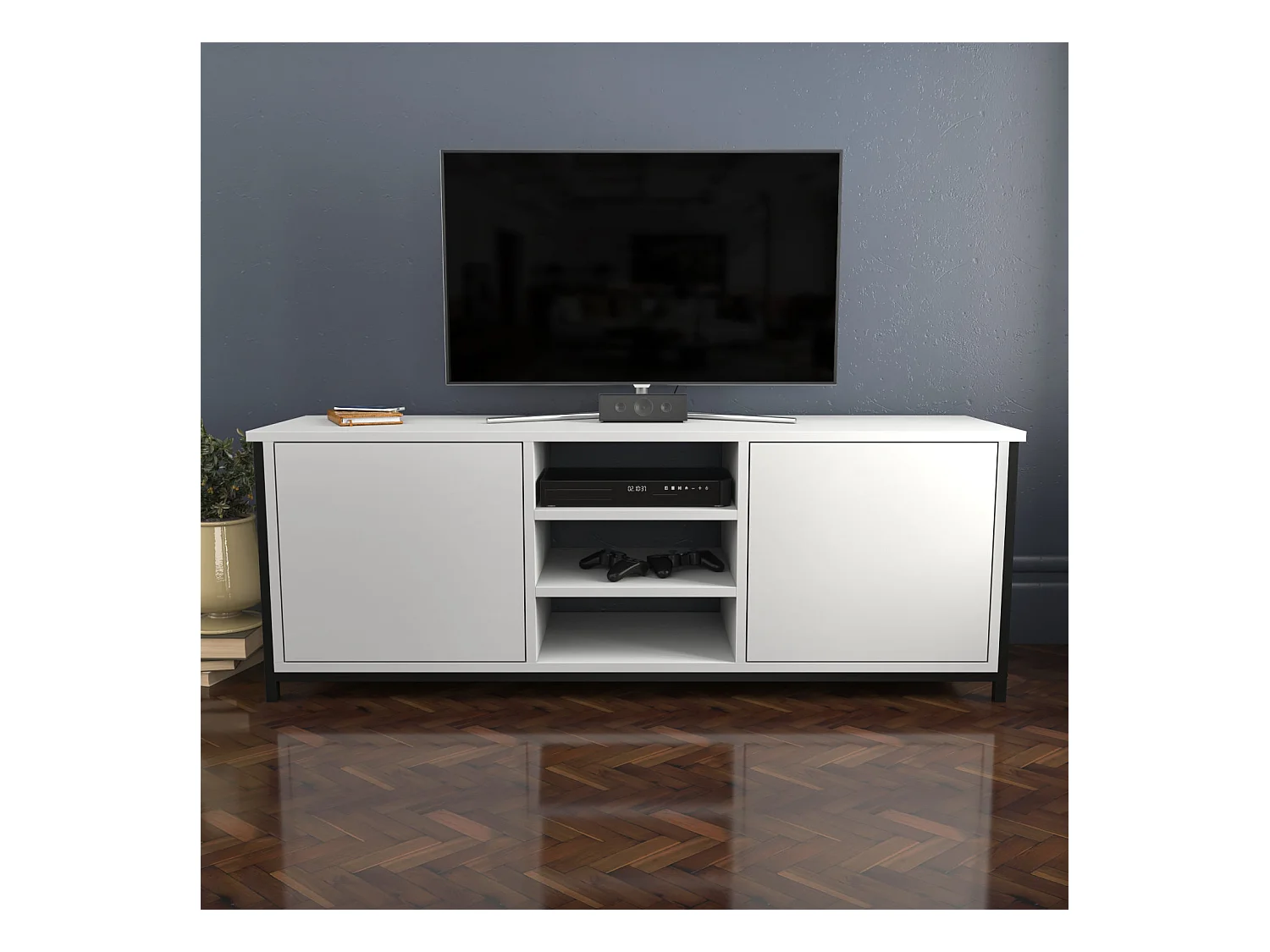 Stijlvolle zwart-witte tv-standaard, 140 x 35,3 x 50,8 cm | 100% melamine spaanplaat, 18 mm dik | Modern design voor woonkamers en entertainmentruimtes