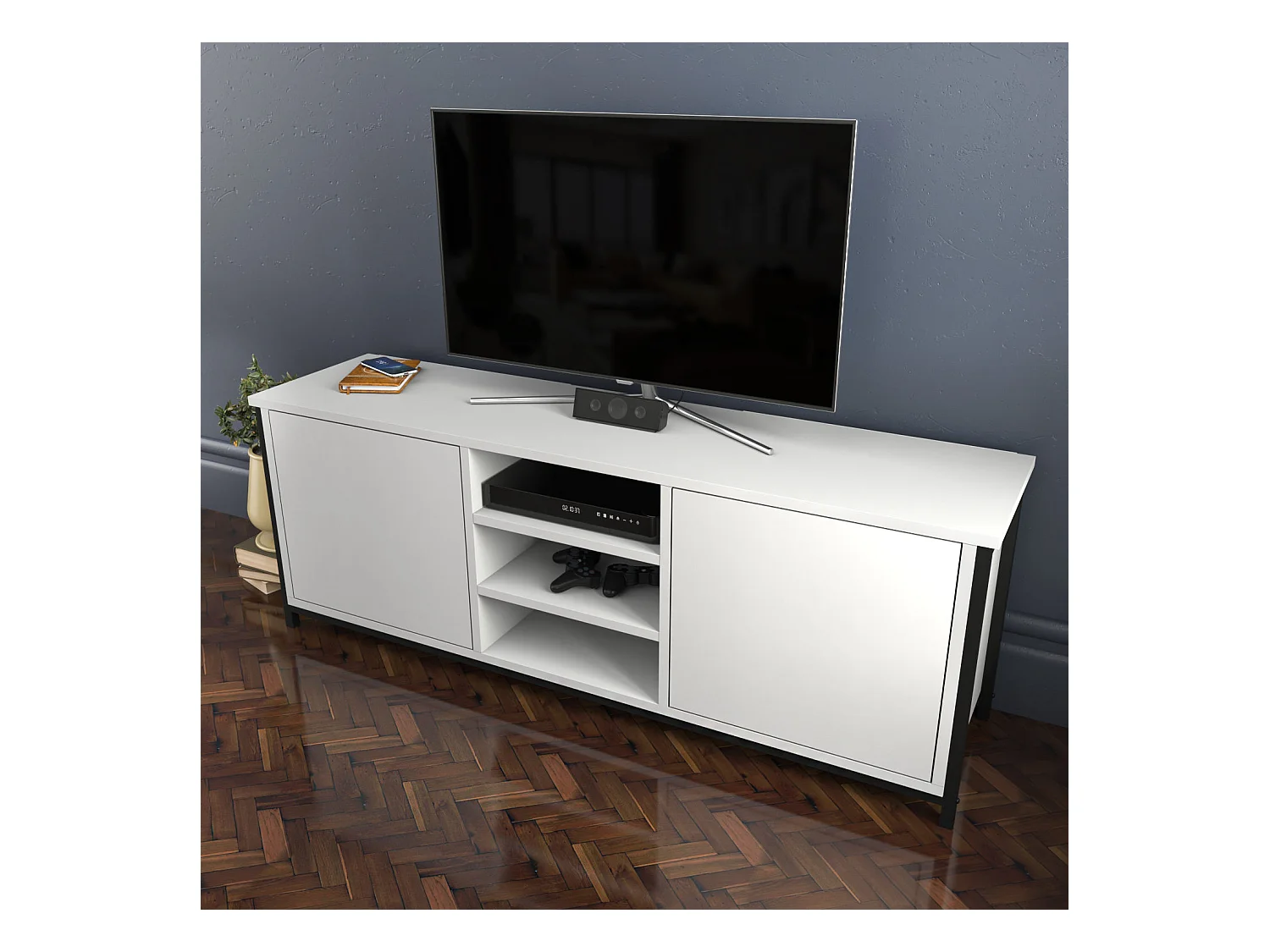 Stijlvolle zwart-witte tv-standaard, 140 x 35,3 x 50,8 cm | 100% melamine spaanplaat, 18 mm dik | Modern design voor woonkamers en entertainmentruimtes